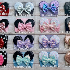 May include: A collection of 16 different headband styles with mouse ears and bows. The headbands are made of a soft, stretchy material and are available in a variety of colors and patterns. The headbands are perfect for adding a touch of whimsy to any outfit.