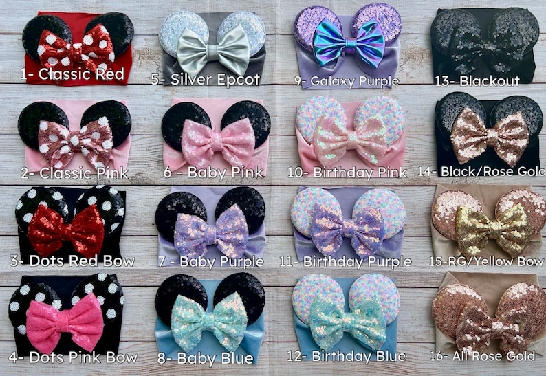 May include: A collection of 16 different headband styles with mouse ears and bows. The headbands are made of a soft, stretchy material and are available in a variety of colors and patterns. The headbands are perfect for adding a touch of whimsy to any outfit.