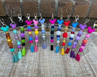 Bling Mouse Ear Keychain: Beaded Silicone, Tassel Charm