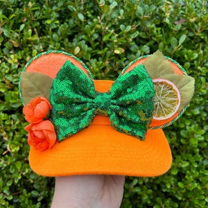 May include: Orange and green Minnie Mouse ears with a green sequin bow, orange fabric, and a dried lemon slice.