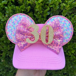 Happy Birthday Minnie Ear Visor / Pink Birthday Celebration Mouse Ear Hat Visor / Pink 30th Birthday Visor Hat