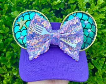 Mermaid Mouse Ear Visor: Purple Sequin Bow, Adjustable Adult Hat