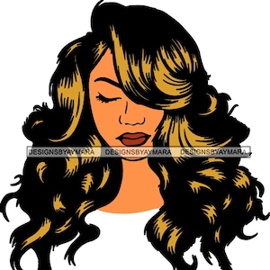 Beautiful Latina Woman Portrait Wavy Long Hairstyle Highlights Hair Closed Eyes Melanin SVG JPG PNG Vector Print Designs Cut Cutting Files