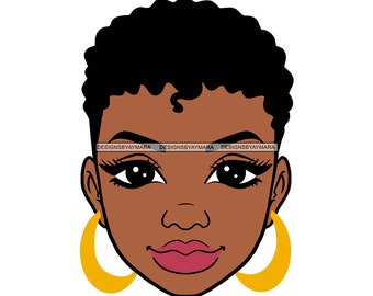 May include: Illustration of a Black woman with short curly hair, wearing large gold hoop earrings. She has brown eyes and a neutral expression.