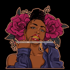 May include: A digital illustration of a woman with dark skin wearing a blue denim jacket and gold grillz. She has pink roses in her hair and is smiling.