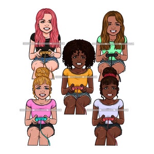 Bundle 5 Ragazze Amiche che giocano al videogioco Gioca hobby Tecnologia Gaming Gamer Divertirsi JPG PNG Disegni Clipart Cricut Silhouette Taglio