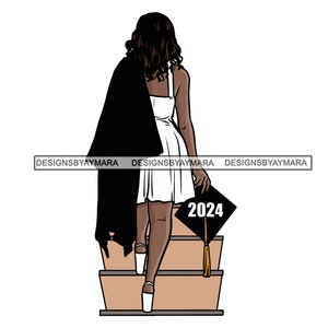 Remise des diplômes femme mélanine 2024 qui monte les escaliers robe blanche casquette robe diplômée de l'école des diplômés cérémonie SVG PNG JPG coupe fichiers impression Cricut Designs