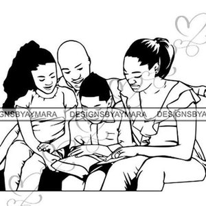 May include: Black and white illustration of a family of four reading a book together. The family includes two adults and two children. The adults are sitting on a couch, while the children are sitting on the floor. The family is smiling and enjoying each other's company.