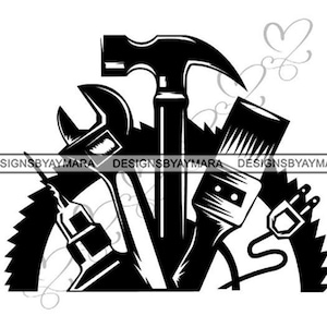 Op de afbeelding: Zwart-witte silhouet van een hamer, een moersleutel, een kwast, een zaag en een stekker. De gereedschappen zijn in een cirkel gerangschikt met de tekst "DESIGNSBYAYMARA" bovenaan.