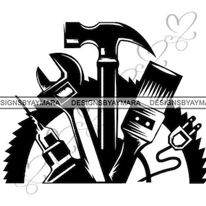 May include: Black and white illustration of a hammer, wrench, paintbrush, and saw, all arranged around a circular saw blade. The image is a design for a logo or graphic.