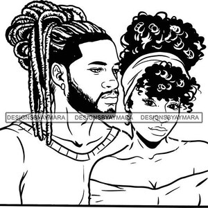 Puede incluir: Ilustración en blanco y negro de un par de líneas. El hombre tiene rastas y barba. La mujer tiene el pelo rizado y lleva una diadema.