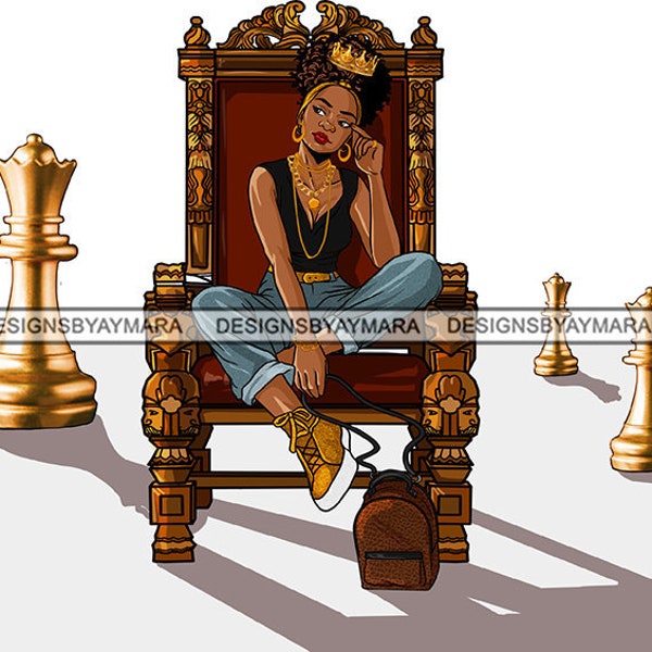 Afro Puff Queen Throne Crown Boss Lady Jewelry Savage Hustler Gold Chain Successful Woman Faboulous Glamour Melanin Popping JPG PNG Clipart