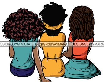 Afro Kobieta Przyjaciele Razem Siedzący Do Tyłu Oglądający Widok Czarna Królowa Melanina Nubijska SVG JPG PNG Wektor Clipart Cricut Sylwetka Cięcie
