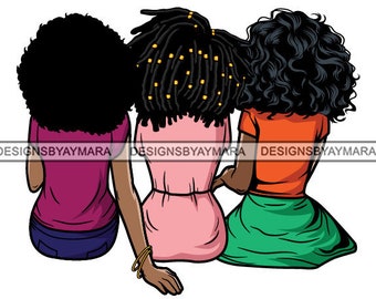 Afro Kobieta Przyjaciele Razem Siedzący Do Tyłu Oglądający Widok Czarna Królowa Melanina Nubijska SVG JPG PNG Wektor Clipart Cricut Sylwetka Cięcie