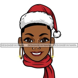 Afro Lola Wearing Christmas Hat Scarves Black Woman Winter Clothes Short Hairstyle SVG JPG PNG Designs Clipart Cricut Silhouette Cut Cutting