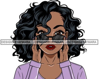 May include: A digital illustration of a woman with long, curly black hair wearing sunglasses and a purple shirt.