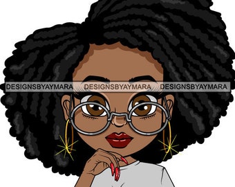 May include: A cartoon illustration of a woman with dark brown skin, black curly hair, and red lipstick. She is wearing round glasses, gold hoop earrings, and a grey shirt.