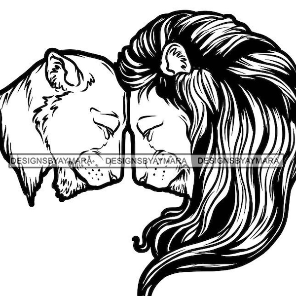 Lion Lionne Couple Roi Reine Amour Relation Objectifs Coeur Forme Animal Puissance Faune Prédateur SVG PNG JPG Coupe Sublimation Designs