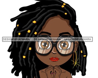 May include: Cartoon illustration of a Black girl with long black dreadlocks, wearing black framed glasses and gold hoop earrings. She has brown eyes and red lips. Her hands are clasped in front of her.