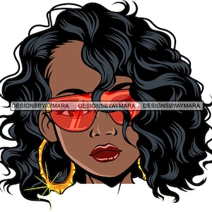 Afro Woman SVG Black Queen Wearing Glasses Curly Hairstyle Hoop Earrings Black Girl Magic JPG PNG Vector Clipart Cricut Silhouette Cutting