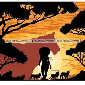 African Woman Silhouette Safari Tree Background Lioness Animals Queen Of The Jungle Wildlife Wild SVG PNG JPG Cutting Files Vector Designs