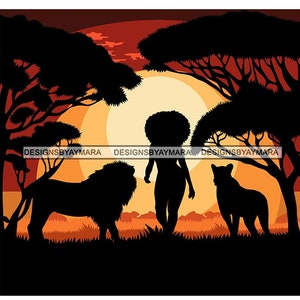 African Woman Silhouette Safari Background Lion Lioness Animals King Of The Jungle Wildlife Wild SVG PNG JPG Cutting Files Vector Designs