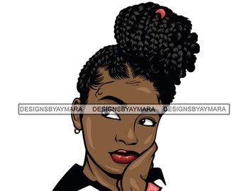 May include: A digital illustration of a Black woman with a braided bun hairstyle. She is looking to the right and has her hand on her chin. She is wearing a black shirt and a pink bracelet.