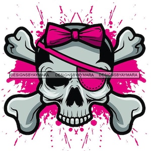 Pirate Female Skull Head Bow Splash Pink Death Skeleton Tattoo Human Skull Love SVG JPG PNG Vector Designs Cricut Silhouette Cut Cutting