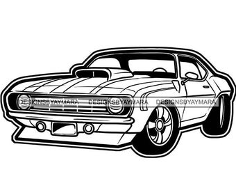 May include: Black and white line art illustration of a classic muscle car. The car has a long hood, a rounded front end, and a large rear spoiler. The car is facing forward and has a detailed interior.