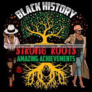 May include: Black History Month graphic with a tree with green leaves and yellow trunk. The tree has roots that say "Strong Roots Amazing Achievements". Two women are standing on either side of the tree. One woman is wearing a white hat and a pink shirt. The other woman is wearing a pink hat and a brown jacket.