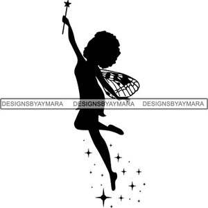 May include: Black silhouette of a fairy with wings, holding a wand and flying with stars around her.