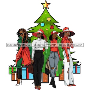 Weihnachten Geschenke Weihnachten Freunde Familie Zusammen Winter Baum Mode Frau Melanin SVG JPG PNG Designs Clipart Cricut Silhouette Cutting