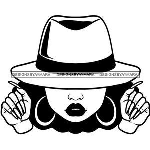 Melanin Afro Woman Wearing Classy Fedora Hat Faceless Long Nails Hoops Earrings Swag Black Girl Magic SVG PNG JPG Cut Files Print Artwork