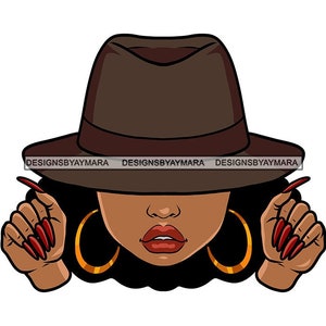 Melanin Black Woman Wearing Classy Fedora Hat Faceless Long Nails Hoops Earrings Swag Black Girl Magic SVG PNG JPG Cut Files Print Artwork