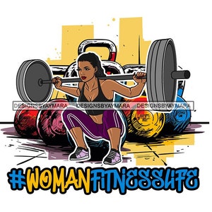 May include: A woman in a purple and black outfit is lifting a barbell with weights on each end. The barbell is resting on a rack of colorful kettlebells. The text "#WOMANFITNESSLIFE" is written below the image.