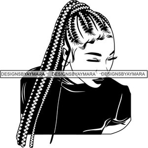 May include: Black and white line art illustration of a woman with a braided ponytail. The woman is looking down and has a serious expression on her face.
