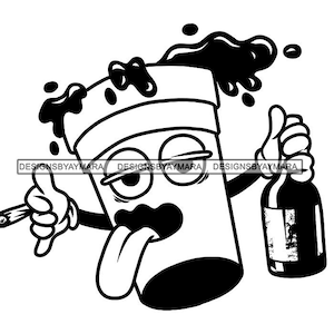 Tasse Cartoon Charakter Splash Trinken Alkohol Halten Flasche Rauchen Mitmachen Betrunken Berauscht Stoned SVG PNG JPG Schneiden Sublimation Designs