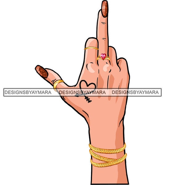 Middle Finger Expression Direction Adult Woman Hands Long Nails Tattoo Gold Watch Rings Design Element Body Part Bad Ass JPG PNG Clipart