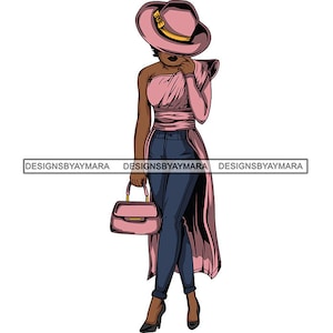 May include: Illustration of a person in a pink hat, top, and purse, with dark blue jeans and black heels. The hat has a gold band. The text "DESIGNSBYAYMARA" is printed on the image.