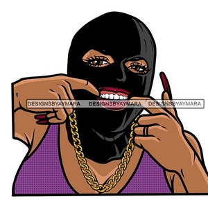 Gangster Frau Portrait Ski Maske Balaclava zeigt Zähne lange Nägel Verbrechen Einbrecher Street Ghetto Mädchen Vektor Designs SVG PNG JPG Cut Files