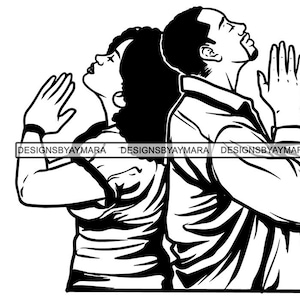 Puede incluir: Ilustración en blanco y negro de un hombre y una mujer de espaldas, con los ojos cerrados y las manos juntas en oración. El texto "DESIGNSBYAYMARA" está presente en la parte inferior.