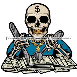 Skull Man Cartoon Character Money Stacks Gold Chain Hustler Hustle Grind Skeleton Death Tattoo SVG PNG JPG Cut Files Print Cricut Designs