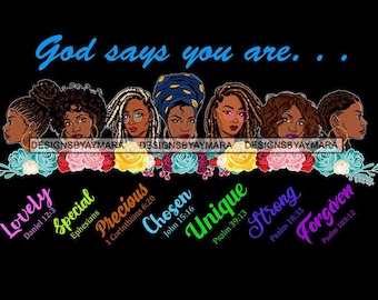 Bóg mówi, że jesteście Afro Kobiety razem Czarna kobieta Morena Afroamerykanka Nubijska SVG JPG PNG Wektor Projekty Clipart Cricut Sylwetka Cięcie