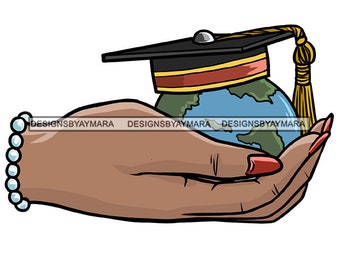 May include: A hand with a pearl bracelet holds a globe wearing a graduation cap. The globe is blue and green with continents outlined in brown. The graduation cap is black with a red and gold band and a gold tassel.