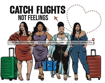 Puede incluir: Cuatro mujeres con maletas y el texto "Catch Flights Not Feelings" en un estilo de diseño gráfico. Las mujeres llevan diferentes atuendos y tienen diferentes peinados. El fondo es blanco con una forma de corazón punteada roja.