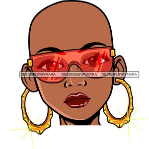 Afro Woman SVG Black Queen Wearing Glasses Bald Hairstyle Hoop Earrings Black Girl Magic JPG PNG Vector Clipart Cricut Silhouette Cutting