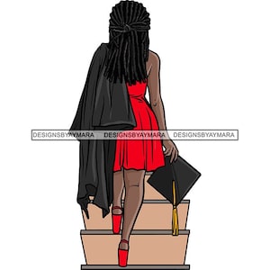 Afstuderen vrouw Cap diploma afstuderen rode jurk Locs haar College ceremonie succes afgestudeerde SVG JPG PNG Vector Clipart Cricut gesneden bestanden