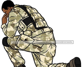 Afro Man Military Kneeling Praying Respect Justice USA Army Force Uniform Soldier JPG PNG Designs Clipart Cricut Silhouette Cut Cutting