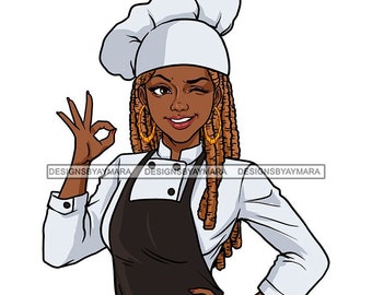 Afro Mujer Chef Culinaria Melanina Uniforme Ocupación Cocina Trabajo Cocina Gourment JPG PNG Diseños Clipart Cricut Silueta Corte Corte