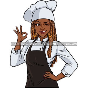 Afro Mujer Chef Culinaria Melanina Uniforme Ocupación Cocina Trabajo Cocina Gourment JPG PNG Diseños Clipart Cricut Silueta Corte Corte
